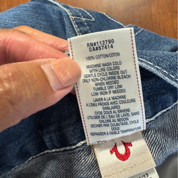 True Religion  Blue Straight Leg Distressed Denim Classic Stitch Jeans Size 34 - Picture 14 of 16